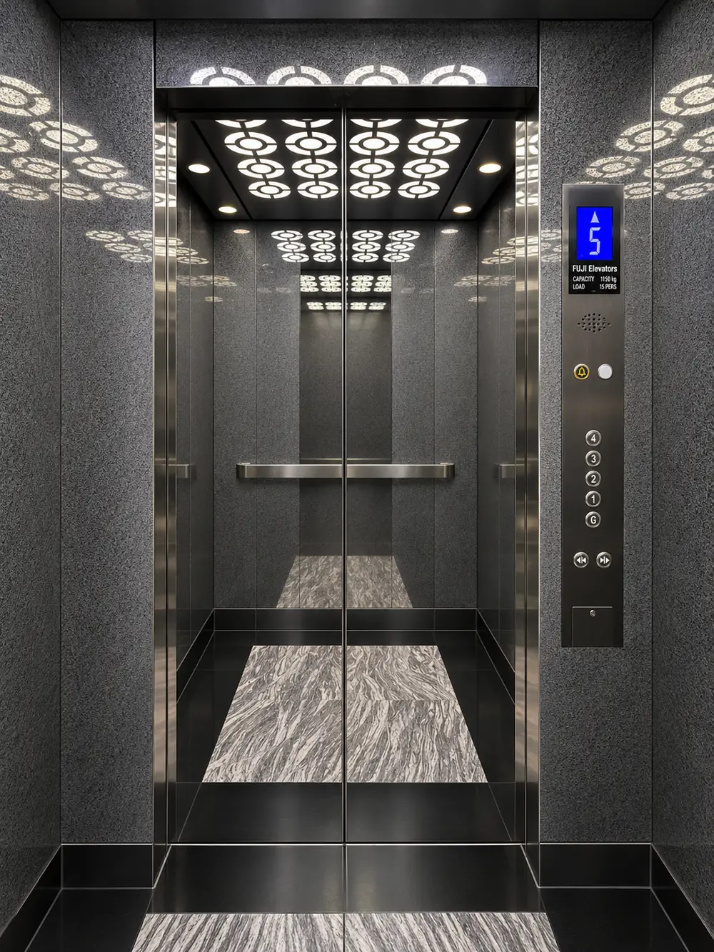 Fuji passenger lift cabin with patterned LED ceiling and stainless steel walls